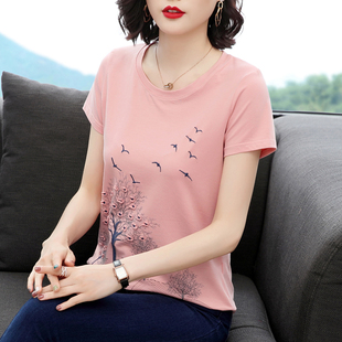 中老年媽媽夏寬松休閑刺繡半袖 大碼 2025新款 上衣女裝 純棉t恤 短袖