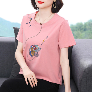t恤女 中老年媽媽時(shí)尚 寬松2025夏裝 洋氣小衫 減齡上衣 新款 純棉短袖