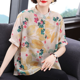 襯衫 薄款 女 休閑t恤襯衣中老年媽媽夏季 印花上衣 寬松大碼 棉麻短袖