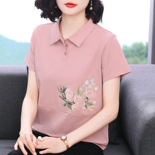 新款 寬松2025夏裝 polo領(lǐng)體恤中老年媽媽減齡上衣 t恤女 純棉短袖