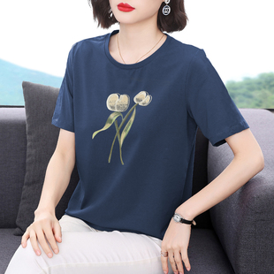 t恤女 小衫 新款 洋氣純棉半袖 中老年休閑百搭上衣 2025夏裝 媽媽短袖