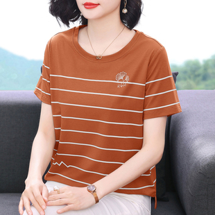 t恤女 小衫 新款 百搭純棉半袖 中老年媽媽洋氣上衣 2025夏裝 條紋短袖