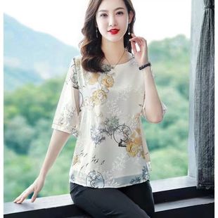 夏季 媽媽夏裝 中老年女裝 t恤洋氣中年婦女雪紡薄小衫 涼快上衣 短袖