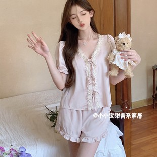 甜美冰絲可愛純欲少女心溫柔家居服 短袖 法式 花邊公主風(fēng)睡衣女夏季