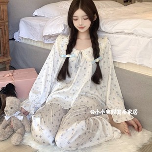 春夏新款 冰絲貓咪卡通家居服 娃娃領可愛公主風花邊甜美睡衣女長袖