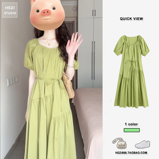 法式 a字氣質高級感綠色森系連衣裙夏 復古溫柔風收腰茶歇裙中長款