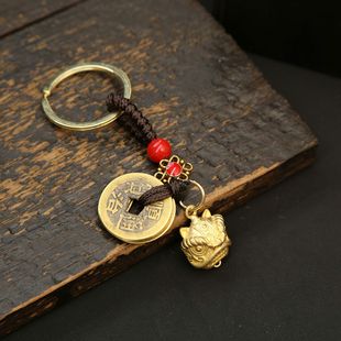 純黃銅復古法手工匠作舊典藏藝術醒獅鑰匙扣吊墜車鑰匙包包掛件