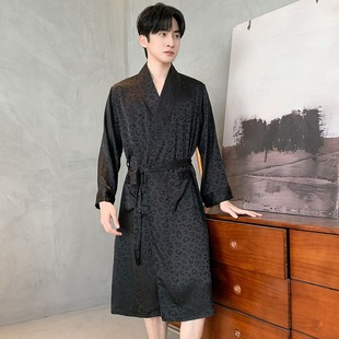 晨袍家居服大碼 浴袍中長款 高級感睡衣 薄款 黑色豹紋睡袍男冰絲夏季
