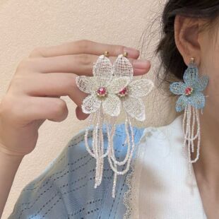手作刺繡撞色水晶花朵耳釘女夸張大氣海邊旅游度假耳環(huán)耳飾品
