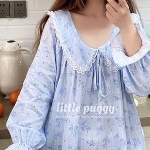 little 溫柔娃娃領(lǐng)貓咪睡裙甜美蕾絲花邊雙層紗睡衣 puggy韓版
