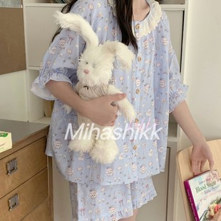 Mihashikk多色慵懶純棉雙層紗小羊睡衣卡通寬松短袖 居家服女 短褲