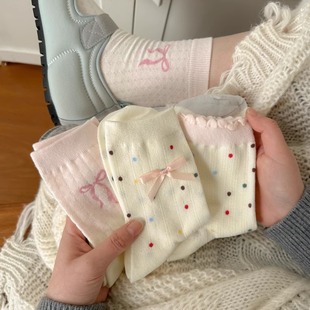 彩色波點花邊襪子女中筒襪ins潮純棉夏季 蝴蝶結(jié)粉色長襪 網(wǎng)眼薄款