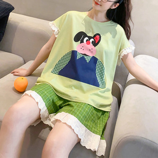 夏季 夏天少女薄款 純棉短袖 套裝 短褲 卡通狗狗花邊甜美可愛睡衣女款