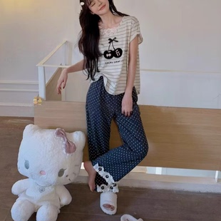 純棉套裝 長褲 可外穿 卡通櫻桃花邊日系可愛少女條紋睡衣短袖 春夏季