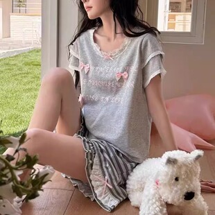 薄款 條紋日系可愛夏季 家居服 短褲 蝴蝶結蕾絲花邊甜美少女睡衣短袖