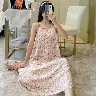 可外穿家居服 甜美可愛睡衣女夏款 吊帶睡裙女夏季 純棉綢連衣裙薄款