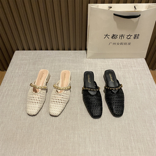 法式 外穿拖鞋 復古鏤空方頭淺口時尚 女氣質百搭半拖鞋 涼鞋 2025新款
