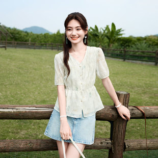 女V領百搭收腰顯瘦碎花減齡短袖 時尚 新款 2024年夏季 上衣 氣質襯衫