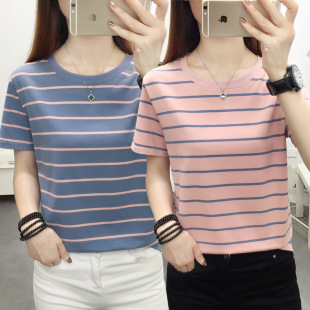 胖女人夏天衣服夏季 女寬松上衣 中年媽媽洋氣減齡條紋t恤純棉短袖
