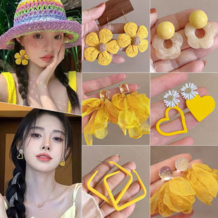 氛圍感黃色花朵耳環女個性 度假旅游耳飾 夸張耳釘網紗耳墜2025新款
