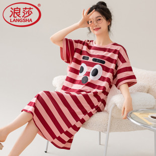 可愛薄款 春夏款 條紋孕婦睡衣可外穿 純棉睡裙女士夏天短袖 浪莎夏季