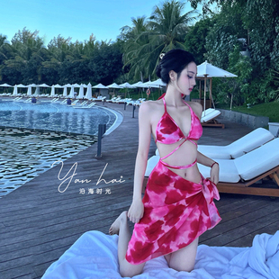 泳衣女ins風歐美辣妹扎染性感分體比基尼三件套披紗 溫泉度假泳裝