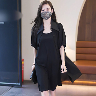 襯衫 胖MM顯瘦氣質兩件套裝 雪紡短袖 新款 黑色吊帶連衣裙 女2025夏季