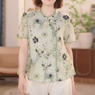 女裝 小衫 輕奢襯衣2025夏季 優(yōu)雅氣質(zhì)媽媽高檔短袖 上衣女 新中式 大碼