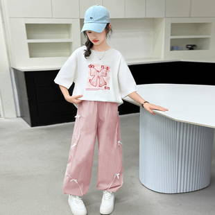 2025新款 套裝 洋氣兒童夏款 短袖 兩件套9 女童夏季 花邊闊腿褲 T恤長褲