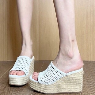 女厚底坡跟編織拖鞋 一字拖鞋 女外穿夏季 女時尚 鏤空露趾拖鞋 涼拖鞋
