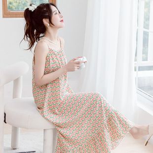 夏天吊帶睡裙女性感薄款 甜美少女綿綢長裙 人造棉綢睡衣家居服韓版
