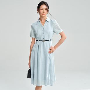 大擺連衣裙藍(lán)色1828925 復(fù)古條紋連衣裙氣質(zhì)襯衫 通勤夏季 收腰新款
