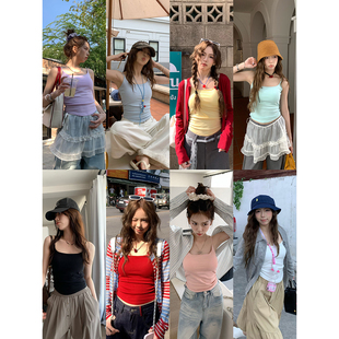 純欲甜辣打底外穿女 多巴胺色修身 荒荒家褶皺吊帶美背2025夏季 新款