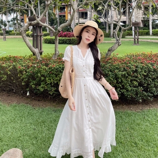 小眾重工拼接連衣裙女花邊大擺仙氣長(zhǎng)裙 法式 MOBAI默白 白玉蘭
