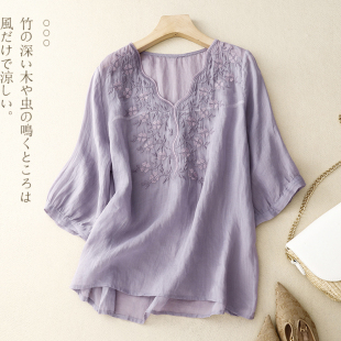民族風短袖 中國風小衫 上衣 清倉文藝復古刺繡棉麻襯衫 外貿(mào)出口女裝