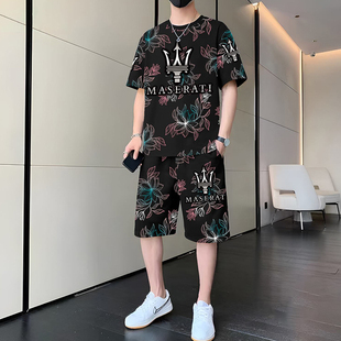 時尚 薄款 外穿短袖 短褲 潮牌寬松顯瘦印花兩件套 夏季 套裝 休閑男士