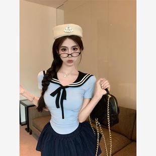 褶皺顯瘦甜辣小眾短款 T恤女夏季 百搭上衣 修身 藍色系帶海軍領(lǐng)短袖
