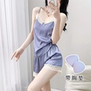 夏季 帶胸墊夏天薄款 冰絲2025新款 套裝 家居服 性感吊帶短褲 睡衣女款