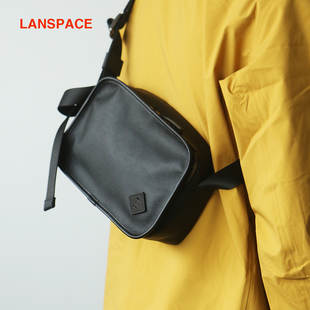 LANSPACE男式 男包真皮斜挎包包 小方包頭層牛皮單肩包黑色潮包夏季