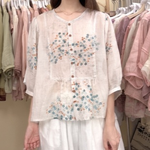 女 印花苧麻圓領小衫 夏季 復古文藝氣質襯衣寬松花色襯衫 A22