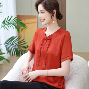 女新中式 洋氣小衫 國風(fēng)夏裝 圓領(lǐng)七分袖 專柜中年媽媽夏季 雪紡衫 新款