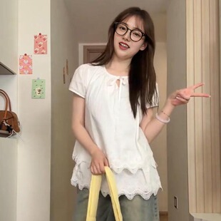 韓系正肩短袖 專柜大碼 女春夏新款 風鏤空花邊白色襯衫 襯衣 胖mm法式