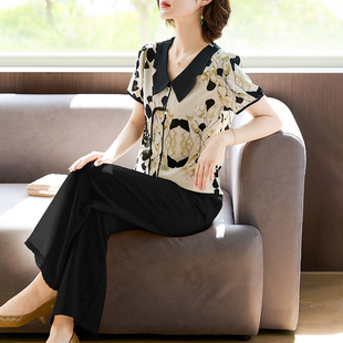 2025新款 套裝 中老年女40歲50洋氣真絲上 短袖 專柜五十多歲媽媽夏裝