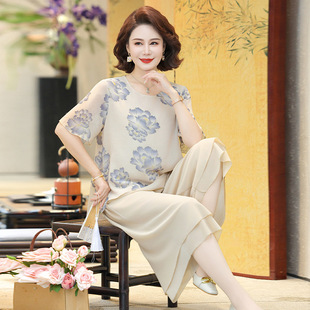 女大碼 專柜媽媽夏季 套裝 短袖 遮肚寬松中老年洋氣減齡母親節兩 新款
