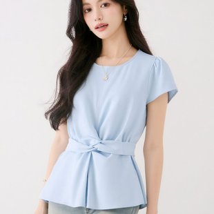 小衫 已出貨交叉綁帶收腰圓領短袖 小眾氣質法式 女2025夏季 上衣 襯衫