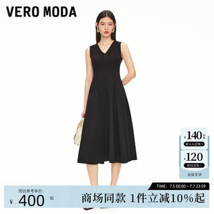 含棉V領高腰線收褶小黑裙325261028 新款 Vero Moda連衣裙2025夏季