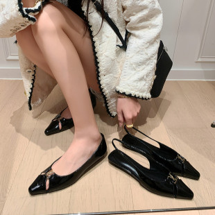 舒適一腳蹬半包頭涼鞋 新款 女2025年春季 復(fù)古尖頭平底低跟淺口單鞋