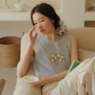LLANO檸檬樹手工針織馬甲背心復(fù)古法式 甜美鏤空上衣內(nèi)搭外穿女夏