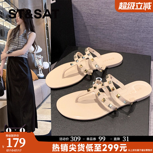 百搭鉚釘一字帶女士休閑涼鞋 新款 2024年夏季 星期六仙女風平底拖鞋