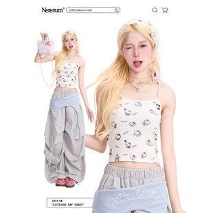 小眾無袖 修身 上衣 甜辣短款 NERESUM可愛Kitty貓滿印吊帶背心女新款